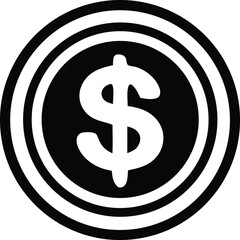 A bold black and white graphic icon featuring a prominent white dollar sign centered within concentric black and white rings representing a coin