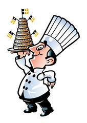 Pastry chef carries a very nice wreath cake