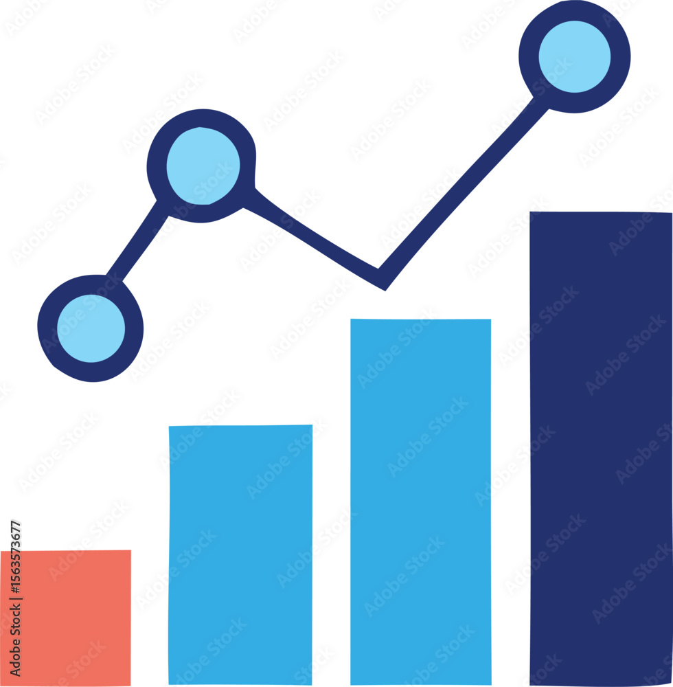 Poster conceptual illustration of upward trending data points connected by a line graph over a bar chart