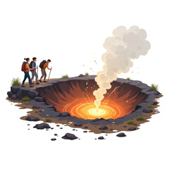 Cartoon Illustration of Volcano Hike Group