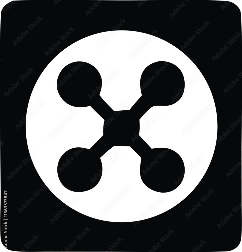 Poster stylized black and white icon featuring a central square connected to four circular nodes by straigh