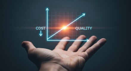 A hand hovers over a graphic representation of a cost-quality relationship, showing a positive correlation.