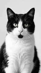 Black and White Portrait of a Tuxedo Cat with Expressive Eyes