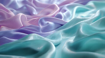 Fototapeta premium Aqua blue and light lilac silk waves blending together with subtle transitions, soft glowing lighting and hyper-detailed fabric weave. Abstract and gentle. 