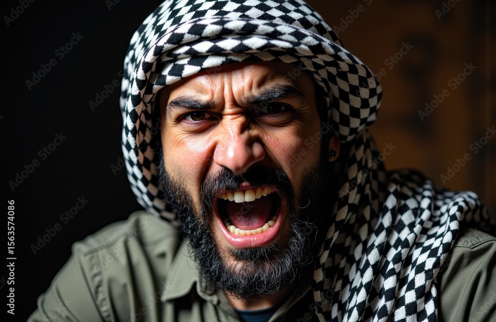 Poster man with beard and checkered headscarf showing anger or frustration in close-up portrait