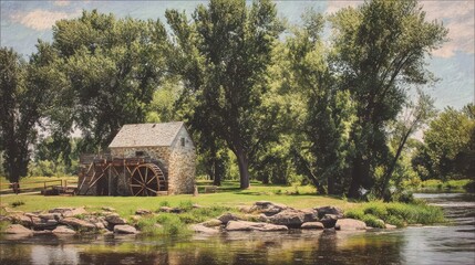 Obraz premium Rustic watermill nestled amidst a verdant riverside landscape.