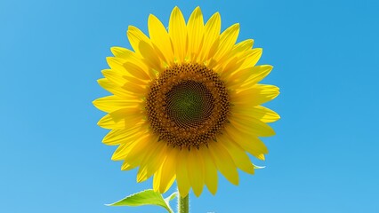 Obraz premium Sunflower's Sunny Gaze: A captivating sunflower, bathed in sunlight, stands tall against the backdrop of a vibrant, cloudless sky, inviting a sense of warmth and positivity.