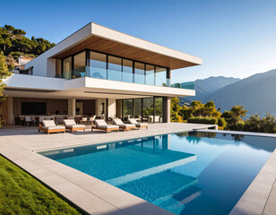 Fototapeta premium Modern Luxury Villa with Pool, Mountain Views, and Sunny Outdoor Relaxation