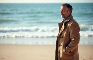 A mature man stands on the beach enjoying the seaside view during a sunny day