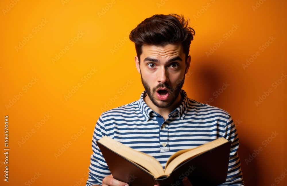 Poster man with surprised expression reading a book against a warm orange background