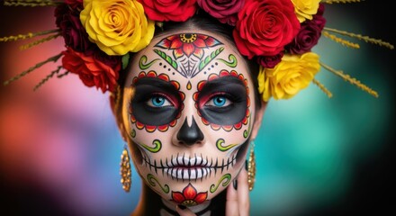 Vibrant Skull Face Makeup With Colorful Flower Crown Celebrates Day of the Dead