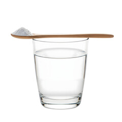 A glass of water with baking soda on a wooden spoon isolated on transparent background