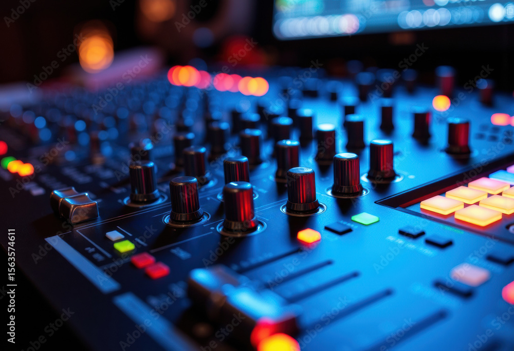 Poster dj mixing console with colorful illuminated controls and sliders in a nightclub or studio setting