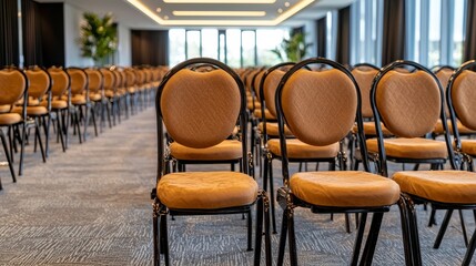 Array of Brown Fabric Chairs with Black Metal Frames Fills a Brightly Lit Space