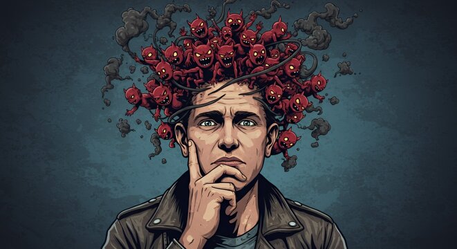 Man contemplates a swirling mass of tiny red devils erupting from his head, symbolizing inner turmoil and mental struggle.
