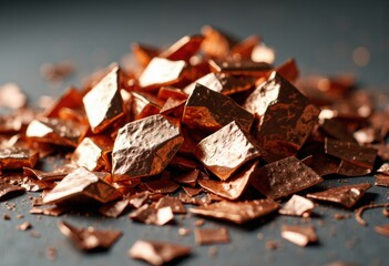 Shattered pieces of dark chocolate with a glossy surface and rich texture