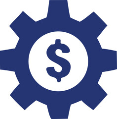 A stylized dark blue gear with a white circle containing a dollar sign in the center