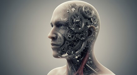 Intricate clockwork gears form a human head, revealing a blend of organic and mechanical elements in this striking image.