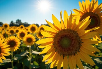 Bright sunflowers bloom under a clear blue sky on a sunny day