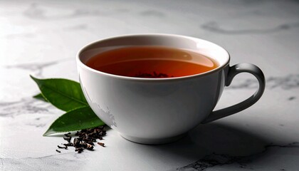 A calming close-up of a steaming cup of hot tea, perfectly brewed and ready to be enjoyed. This soothing beverage, accompanied by fresh tea leaves on a marble surface, evokes a sense of relaxation an