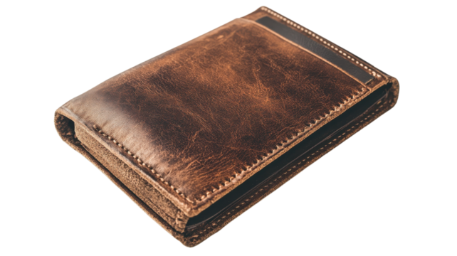 Leather wallet resting on a soft surface showcasing its rich texture and craftsmanship, inviting a sense of warmth and elegance on transparent background