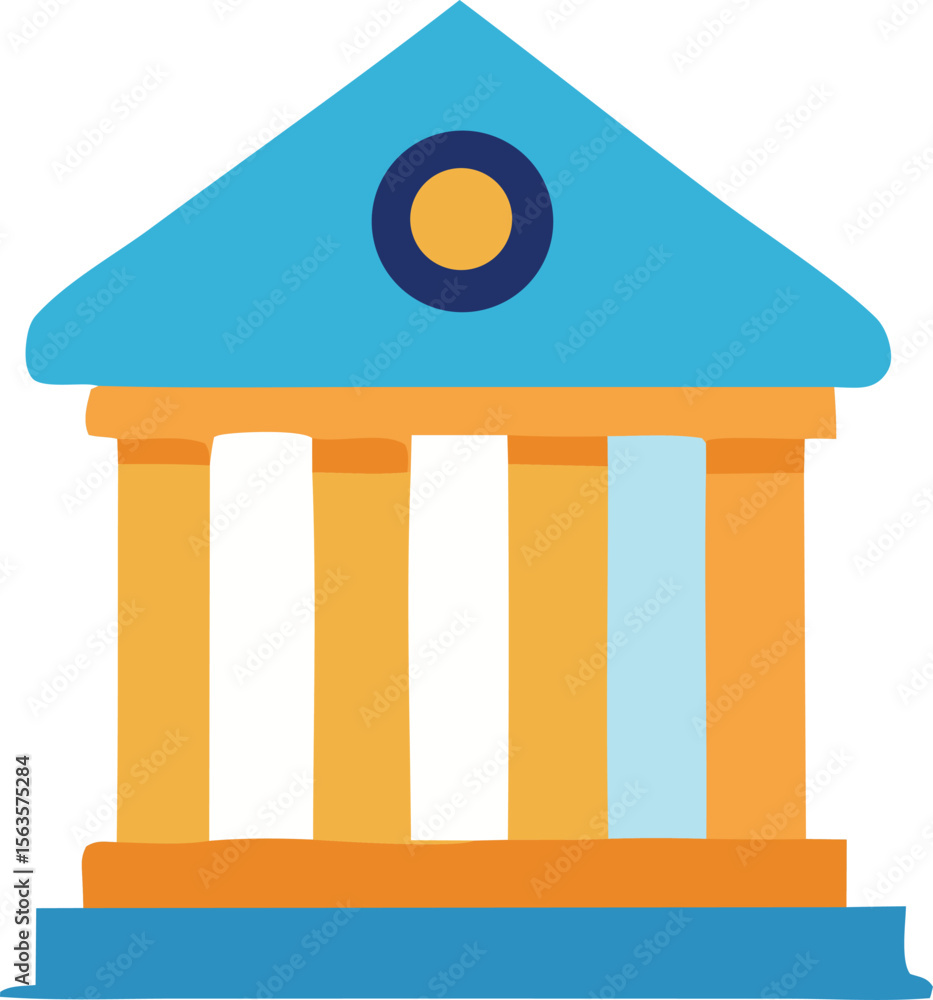 Poster stylized illustration of a classical building facade with columns and a triangular pediment featurin