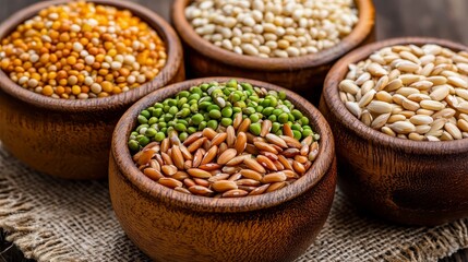 Fototapeta premium Assortment of Legumes and Grains in Wooden Bowls on Dark Wood Table