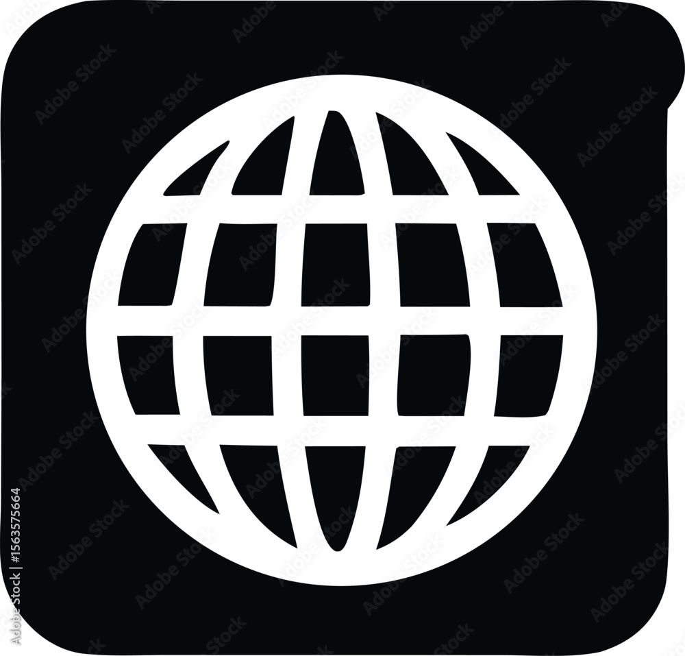 Poster stylized white globe icon with a grid pattern against a solid black background with rounded corners
