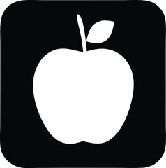 A minimalist white apple icon with a single leaf and stem is centrally placed on a solid black square background with rounded corners