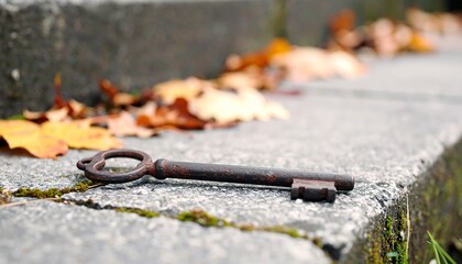 An antique key rests on weathered concrete steps, surrounded by scattered autumn leaves. This image evokes themes of forgotten history, mystery, and lost connections. Its somber mood makes it a suita