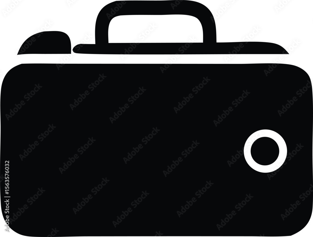 Poster a simple black silhouette icon representing a briefcase or suitcase with a handle and a circular cla