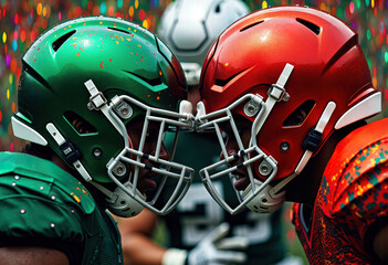 Two football players with helmets face each other in a competitive stance during a game