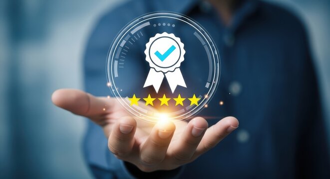 A person's hand hovers over a digital representation of a quality assurance symbol, featuring a checkmark and stars, symbolizing approval and excellence.