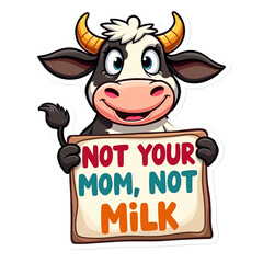 Cute vegan sticker with cartoon animal and ethical message, PNG with white outline