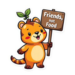 Cute vegan sticker with cartoon animal and ethical message, PNG with white outline

