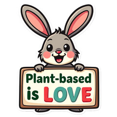 Cute vegan sticker with cartoon animal and ethical message, PNG with white outline