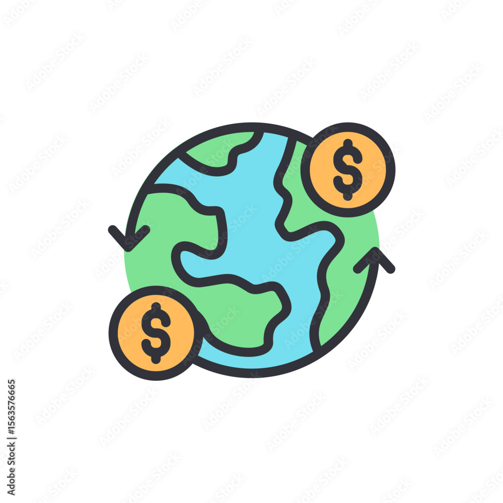 Poster global finance circulating around the world with currency symbol