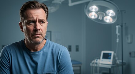 Worried man in a hospital room, contemplating his health concerns, with medical equipment blurred in the background.