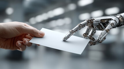 a human hand passes a piece of paper to a robot hand