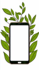 Green Leaves Frame Black Smartphone on White Background