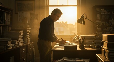 Golden Hour Illumination Bathes a Man Deep in Thought as He Writes at His Desk, Surrounded by Stacks of Papers and Books.