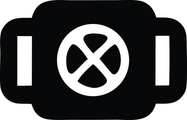 Stylized black and white graphic icon featuring a central circular symbol with an x inside flanked by two vertical bars