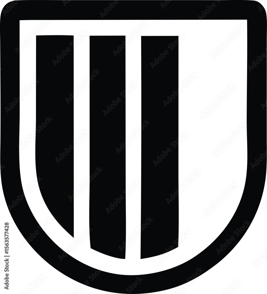 Poster minimalist black and white shield emblem featuring three vertical bars within a rounded border symbo