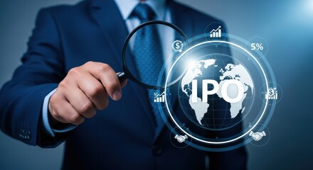 A businessman examines an IPO (Initial Public Offering) concept with a magnifying glass, highlighting global market implications.