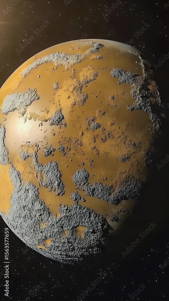 Poster abstract digital rendering of a celestial body with a rough textured surface against a starry backgr