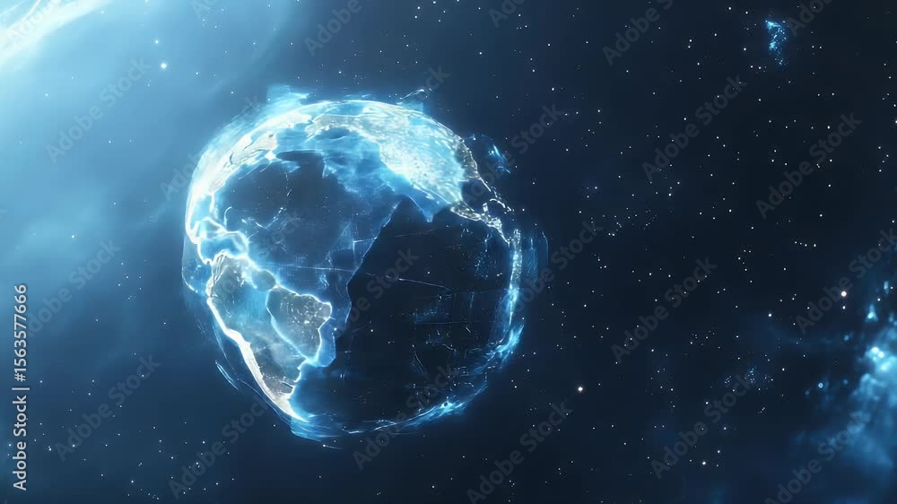 Poster abstract rendering of earth surrounded by luminous atmosphere against a starry background. features 