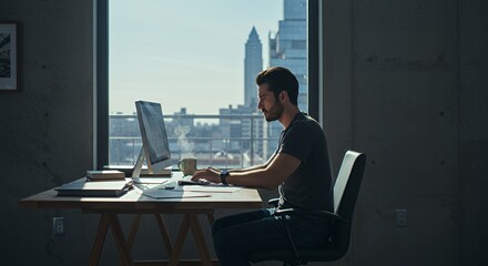 Focused young man works remotely from a modern home office, enjoying city views through a large window.