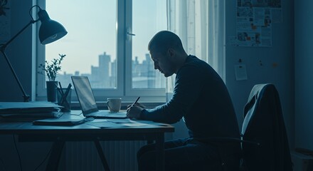 Concentrated young man works late at his desk, illuminated by a desk lamp, city view visible through the window.