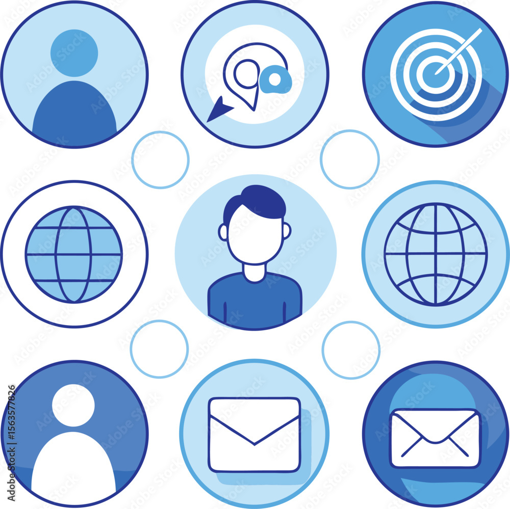 Poster central user profile icon surrounded by communication and global networking icons in a circular arra
