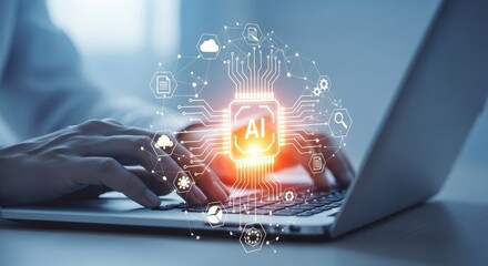 Person working on a laptop with an illuminated AI graphic overlay.